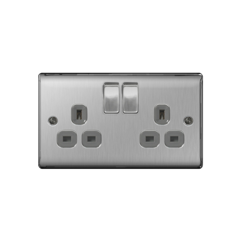 BG Nexus Metal Brushed Steel Double Socket Grey Inserts