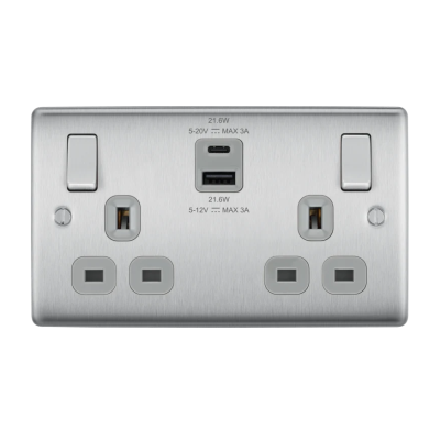 BG Nexus Metal Brushed Steel Double USB A & C Socket (22W)