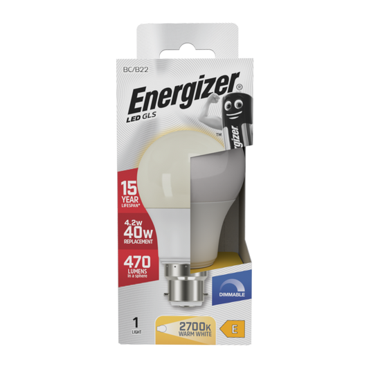 Energizer LED GLS B22 470lm 4.2W 2700K (Warm White) Dimmable Light Bulb