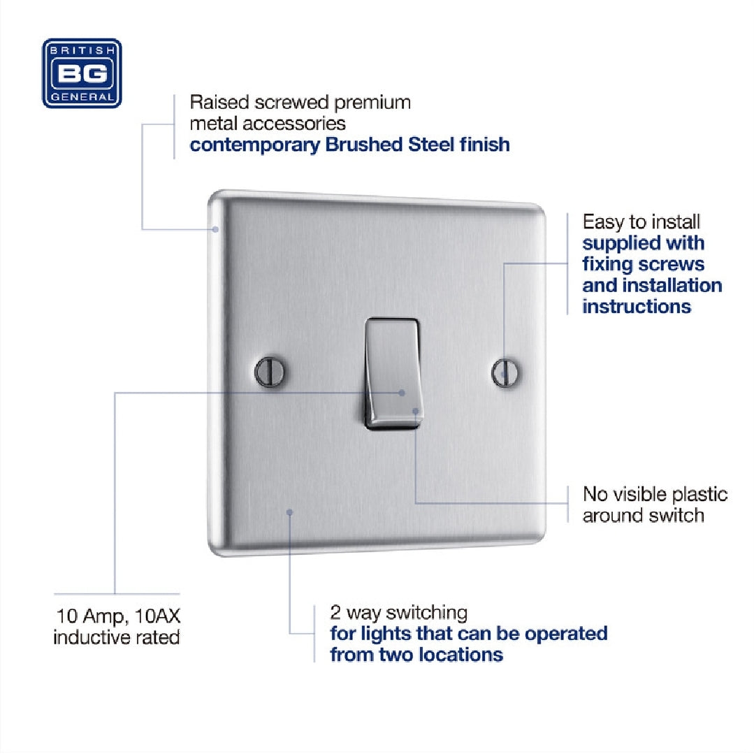 British General Nexus Metal 20A 16AX 1-Gang 2-Way Light Switch Brushed Steel