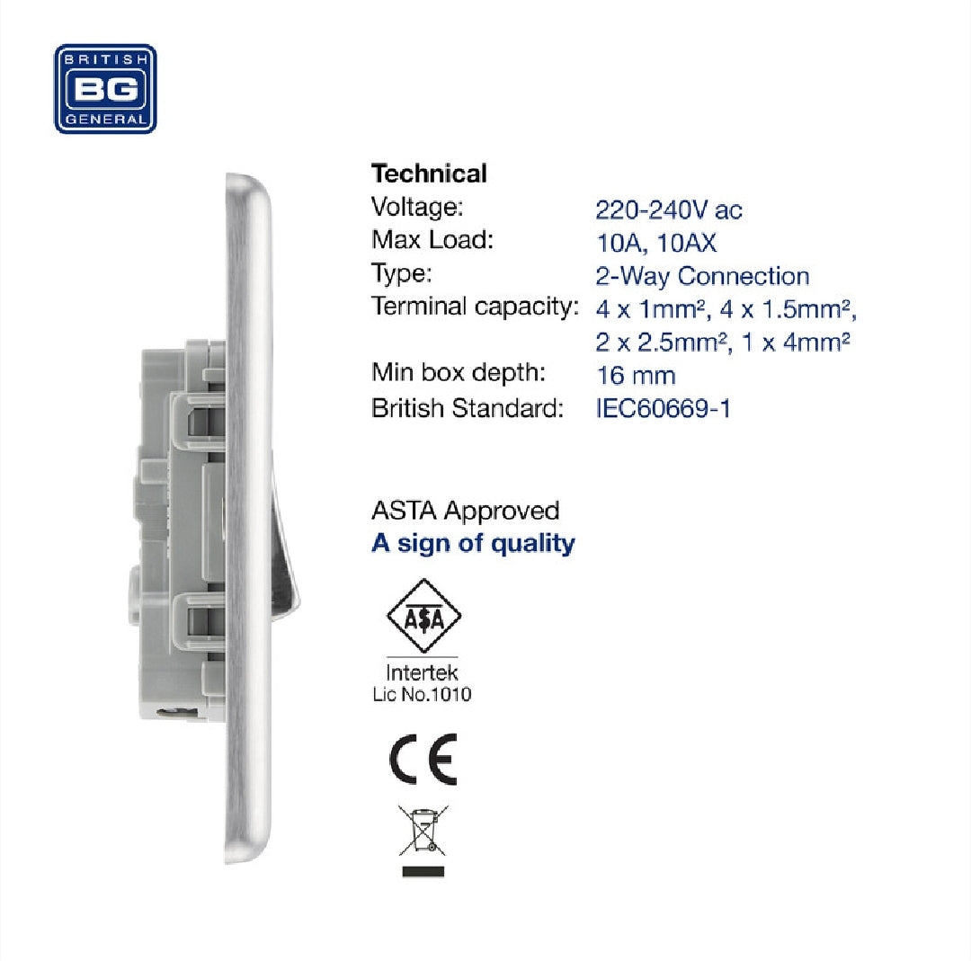 British General Nexus Metal 20A 16AX 1-Gang 2-Way Light Switch Brushed Steel