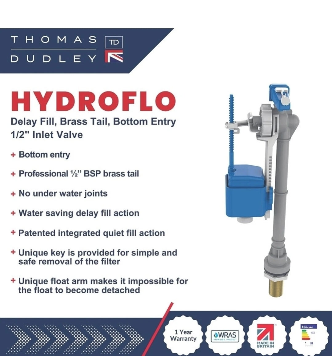 Dudley Hydroflo Delay Fill Bottom inlet Valve Brass Tail